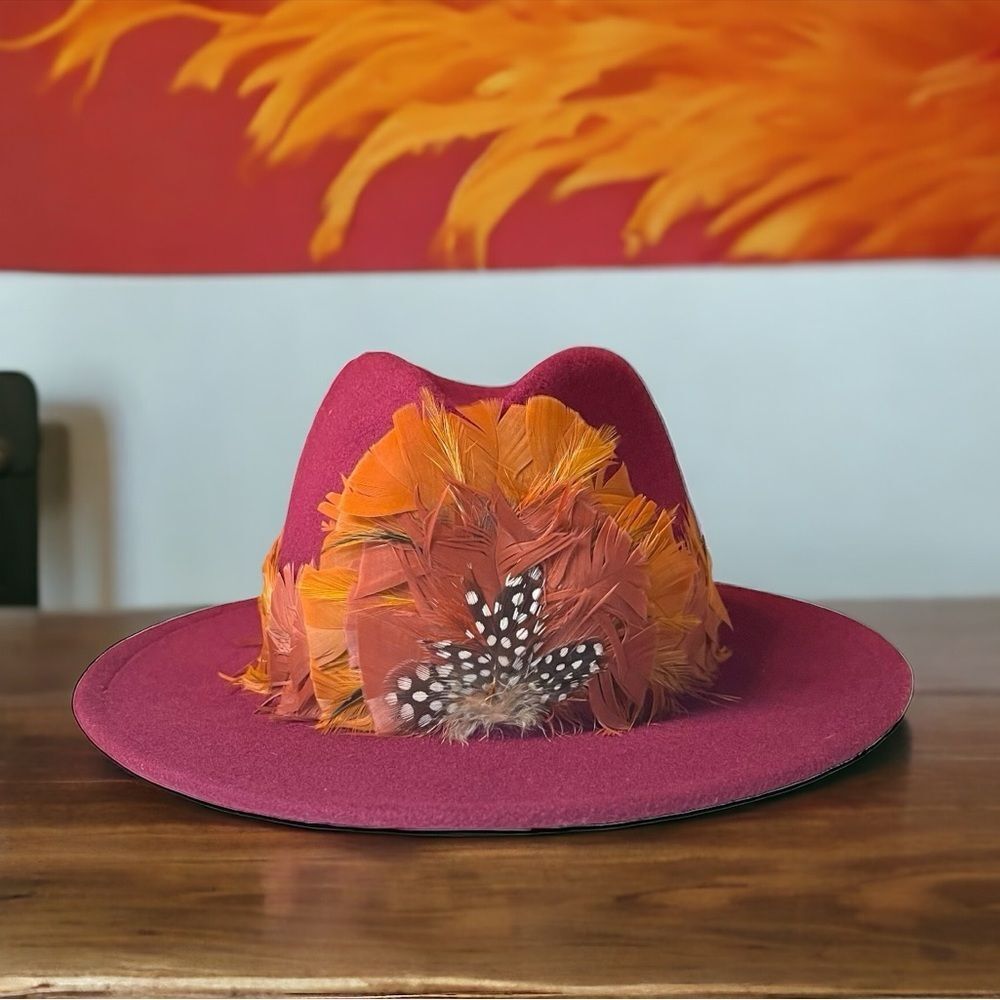 Beautiful Wine Color Felt Fedora with Elaborate Feather Hat Band - UNISEX